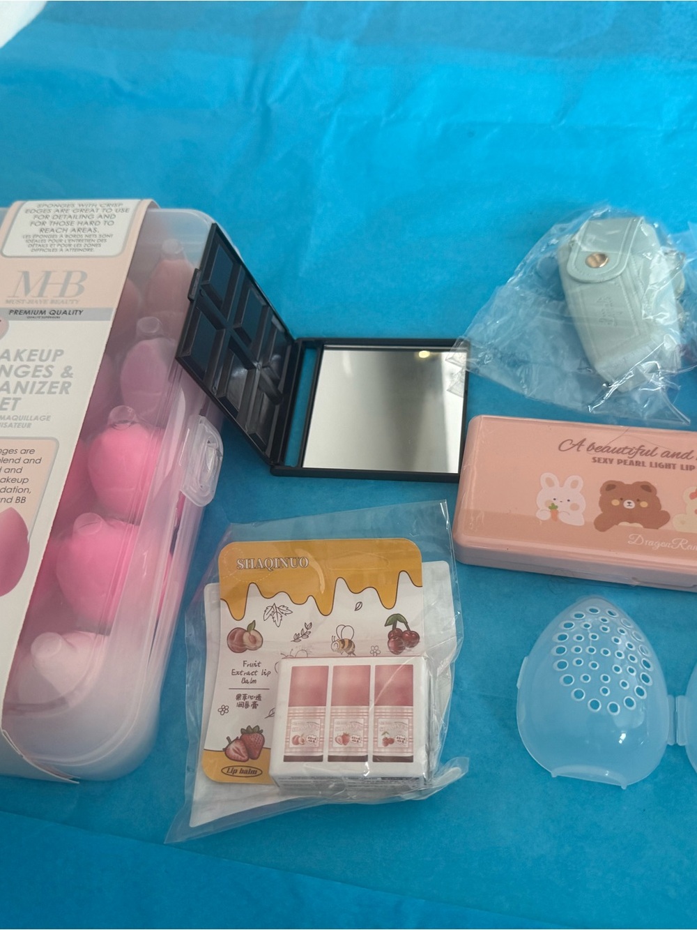 Pink Makeup Sponge Organizer Set with Compact Mirror